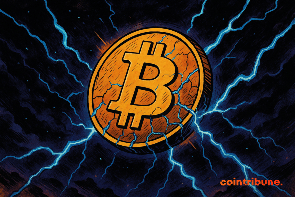 Um Bitcoin dourado flutua no espaço escuro e fraturado, com suas rachaduras iluminadas por flashes azuis elétricos. A atmosfera cósmica, acentuada por contrastes intensos de azul e violeta, evoca uma tensão dramática diante de uma ameaça invisível. O estilo dos quadrinhos dos anos 70, com seus traços dinâmicos e cores brilhantes, amplifica o efeito do perigo iminente.