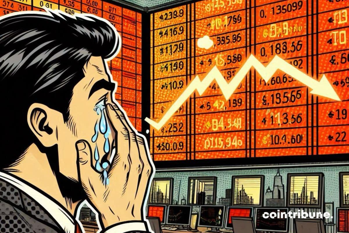 Les indices boursier à Wall Street chutent, un investisseur en pleurs.