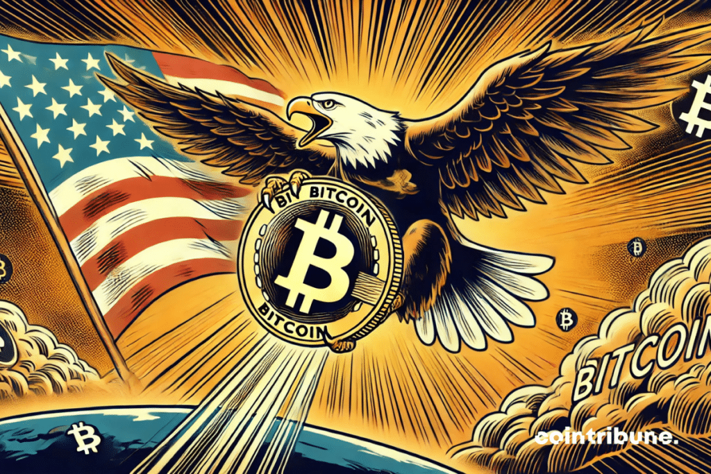 Eagle representing the USA lifting a bitcoin coin