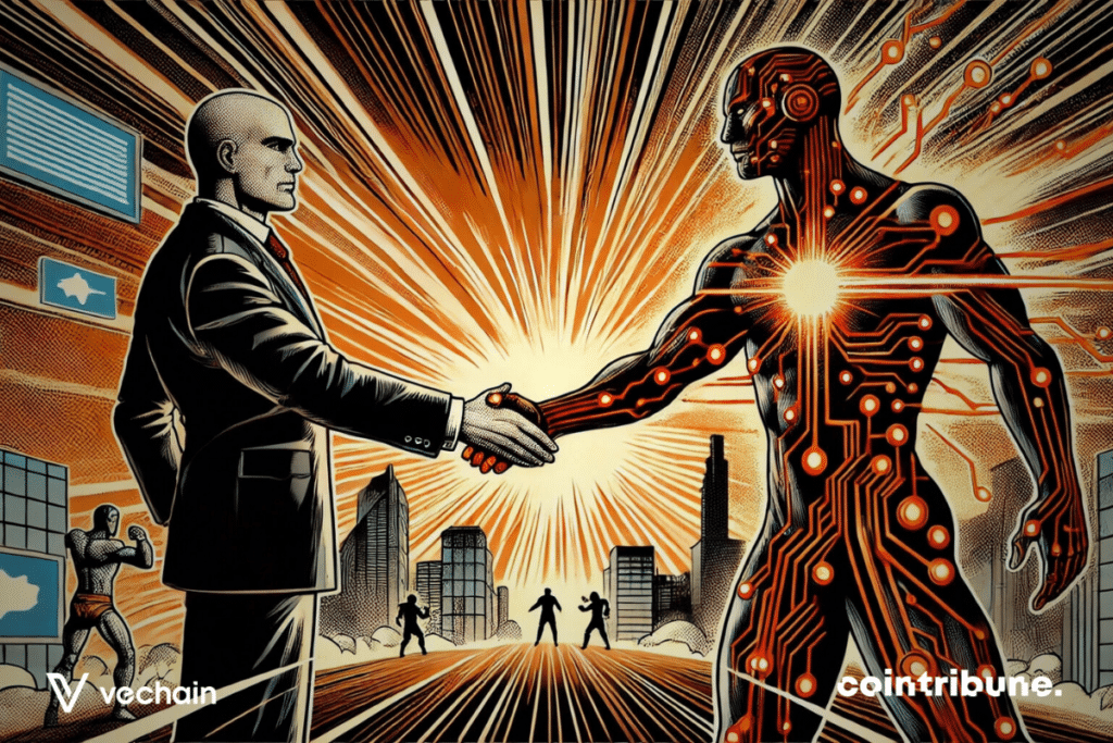 A businessman shakes hands with a glowing humanoid figure made of circuits, symbolizing the alliance between blockchain and the real world.