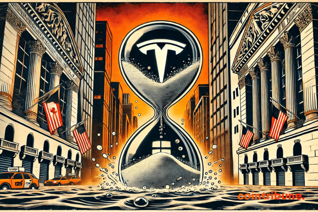 Giant hourglass on a flooded Wall Street featuring Tesla and Alphabet logos