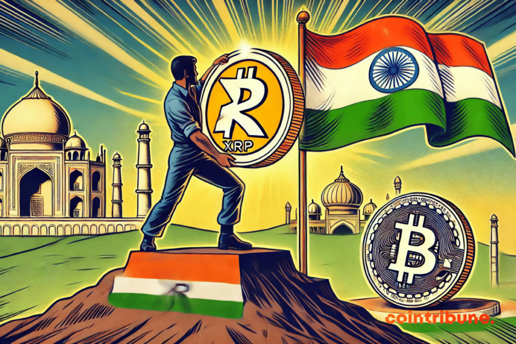 Person wearing an XR coin on the podium with an Indian flag next to it