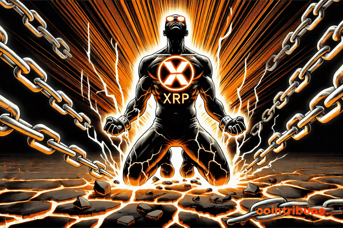 An illustration of a powerful humanoid with the XRP crypto logo engraved on its torso kneels on the ground.