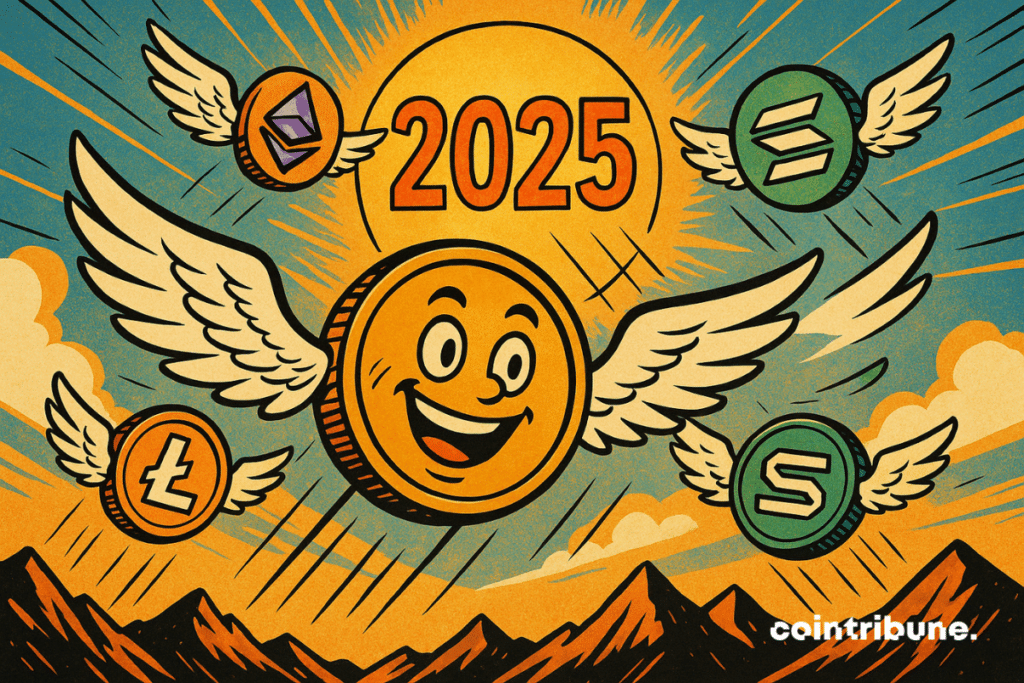 Várias moedas criptográficas estilizadas com rostos felizes, asas abertas, Bitcoin, altcoins etc. alçando voo.