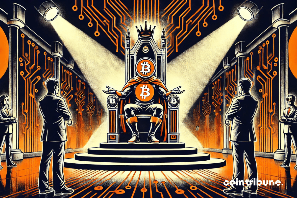 Dans une salle majestueuse mêlant grandeur médiévale et modernité financière, un Bitcoin personnifié trône avec puissance, baigné d’une lumière sacrée. Deux silhouettes institutionnelles se tiennent à ses côtés, tête inclinée, symbolisant l’adoubement par le monde traditionnel. Le style comics 70s accentue l’aura mythique de la scène.