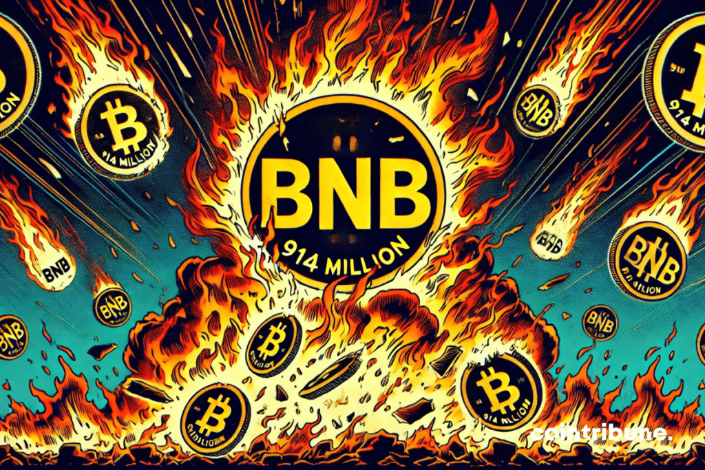 Wide view of a night scene where crypto BNB float around the flaming Binance logo. The BNB is melting, flaming coins falling like ashes.