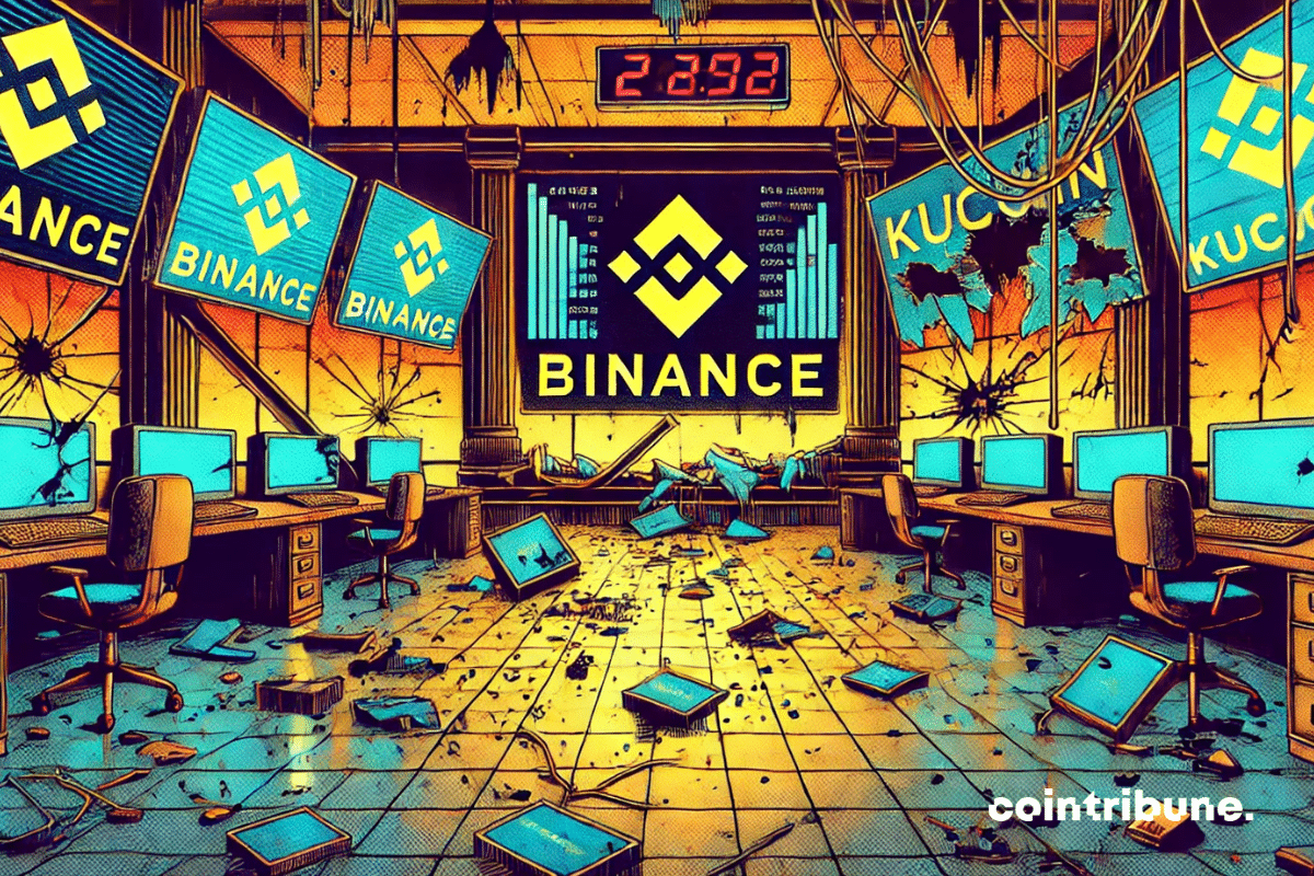 A deserted trading floor, with blacked-out screens and empty, but ruined, desks. No people. The image focuses on the broken screens and devastated Binance and KuCoin symbols.