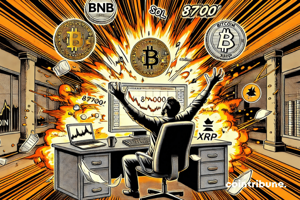 A bird's-eye view of a computer screen literally exploding with orange flames. A Bitcoin trader with arms in the air, mouth wide open, shocked but euphoric.