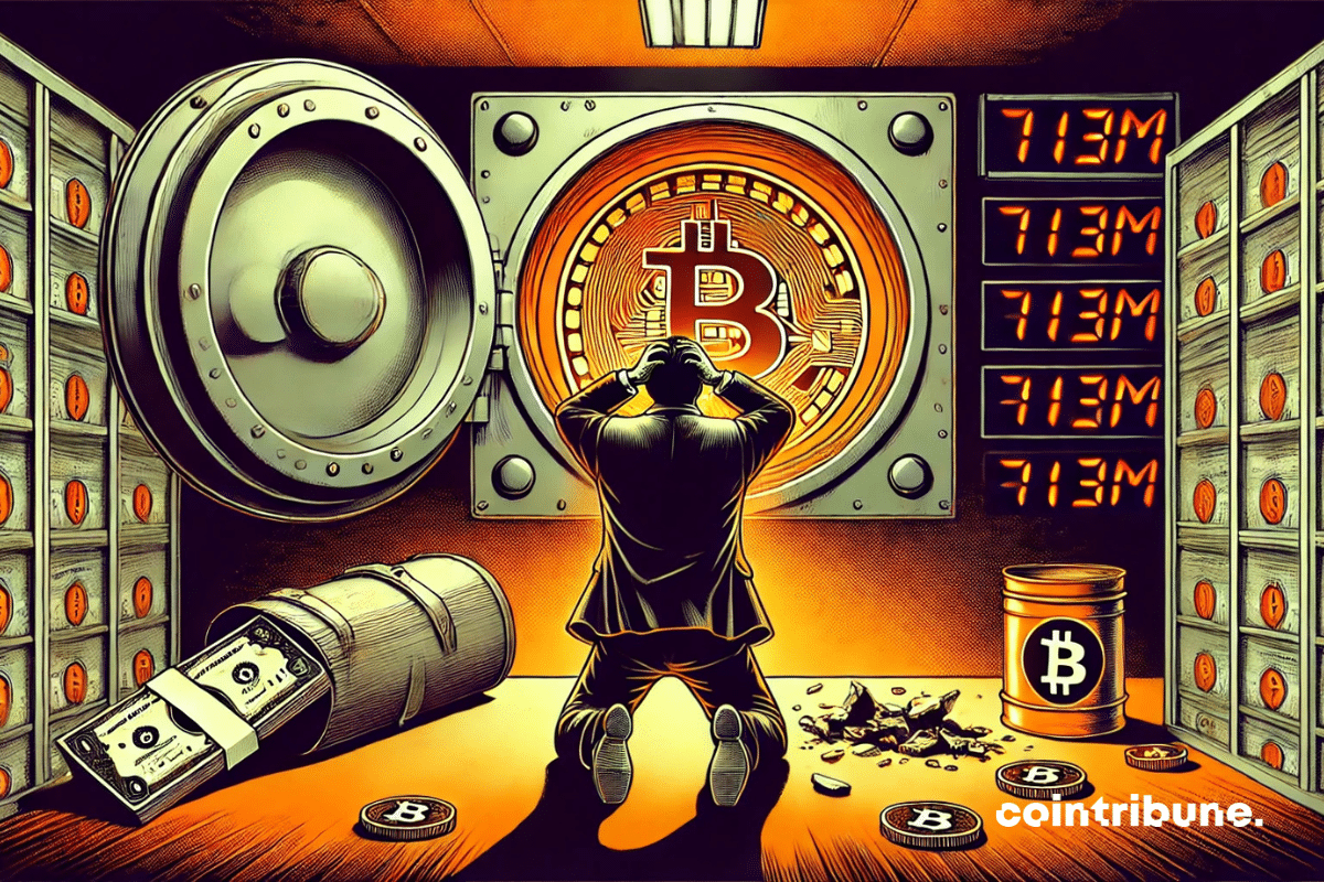 An ETF manager kneeling in front of the safe, hands on the sides of his head. The empty safe, an orange bill at the bottom, and a cracked Bitcoin coin.