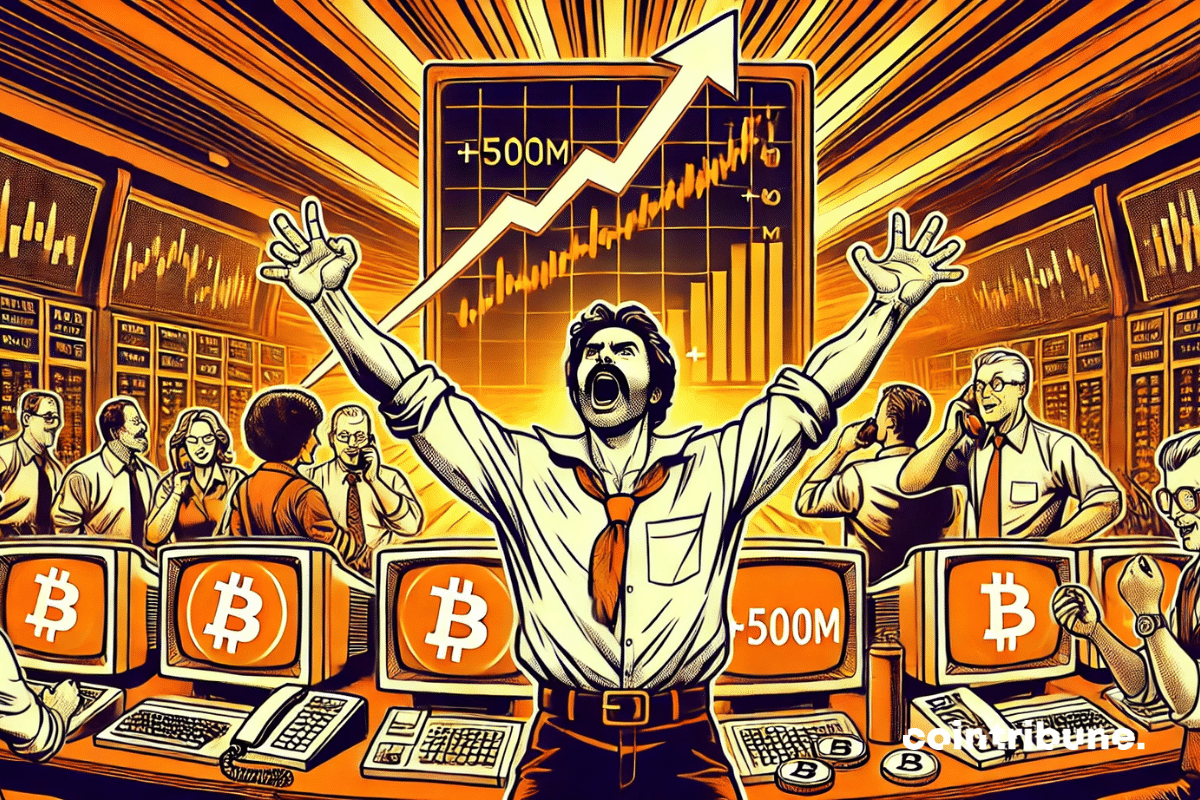 One investor raises his arms in celebration, while the others in the trading room stare at their screens showing Bitcoin rising.