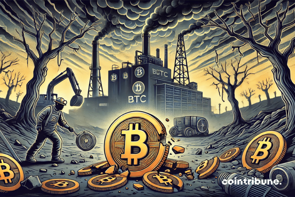 Un paysage extérieur montrant une usine de minage Bitcoin en arrière-plan, avec des arbres morts ou des éléments dévastés dans le décor. Un mineur en combinaison, la tête baissée, observant une machine de minage en panne ou en arrêt.