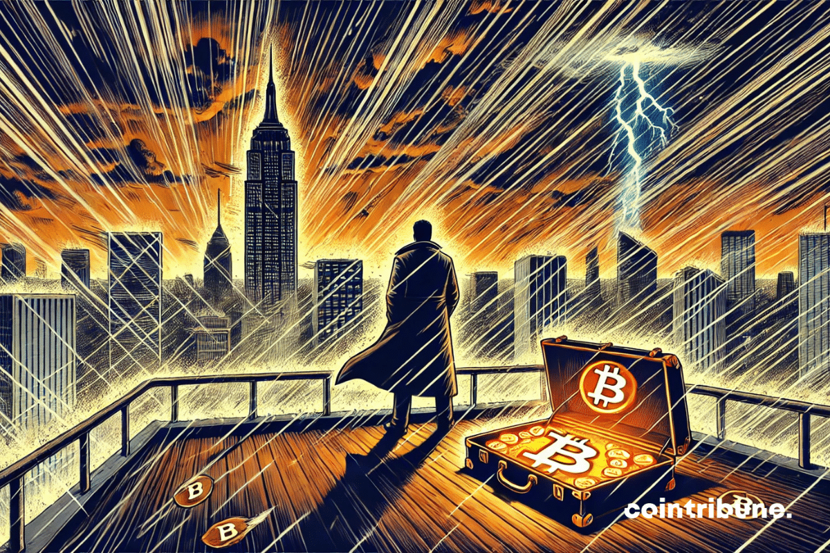 Strategy's Saylor stands on a high platform, looking down at a city swept by a black storm. In front of him: a half-open briefcase filled with bitcoin coins.