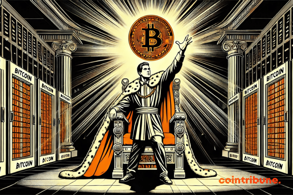 Prince Filip of Serbia, wearing a coat with modern royal motifs. He sits on a modern throne adorned with electronic circuits. He half rises, arm outstretched towards a large Bitcoin coin.