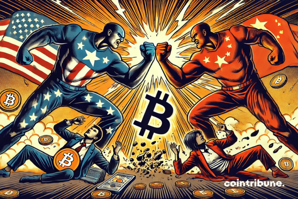Two stylized titans (one with American features, the other Chinese) clash in the center, their fists clashing with a flash of lightning. Below, two figures representing cryptos and tech stocks are on their knees, crushed by the blast of the clash.