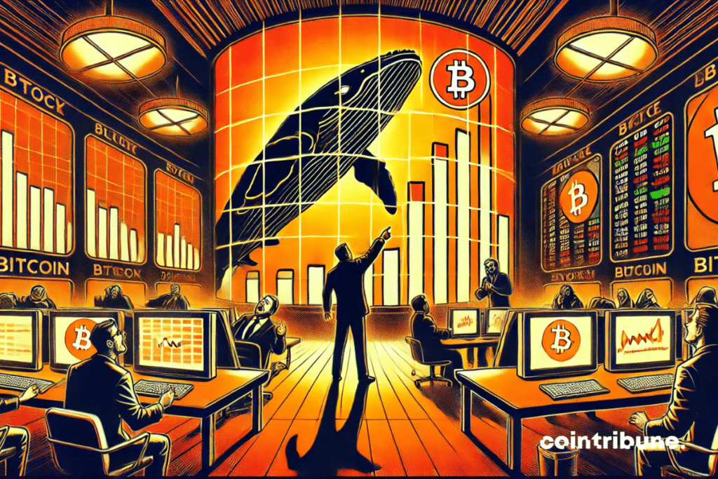 Medium shot inside, dark atmosphere with luminous screen. Excited analyst points to a bullish Bitcoin curve on a giant screen with a whale's shadow across it.