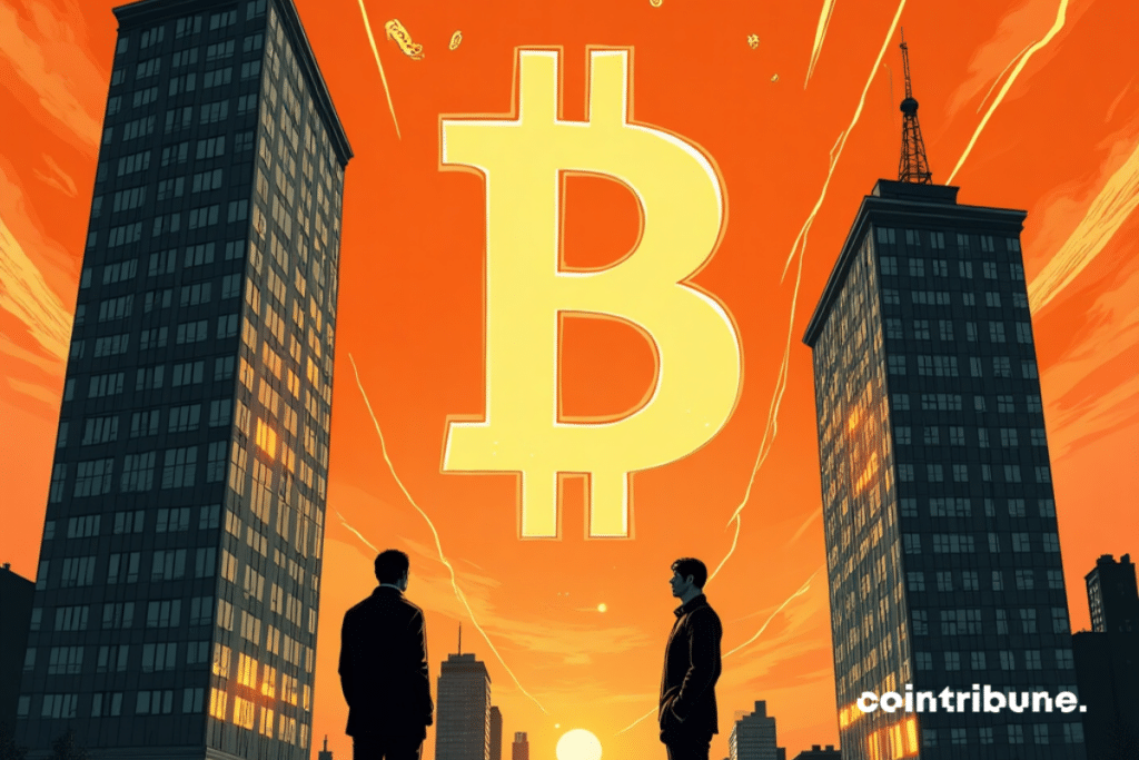 Bitcoin s'échappant de deux bâtiments d'échange tandis que des personnages paniqués regardent, illustration comic book rétro aux teintes orangées.