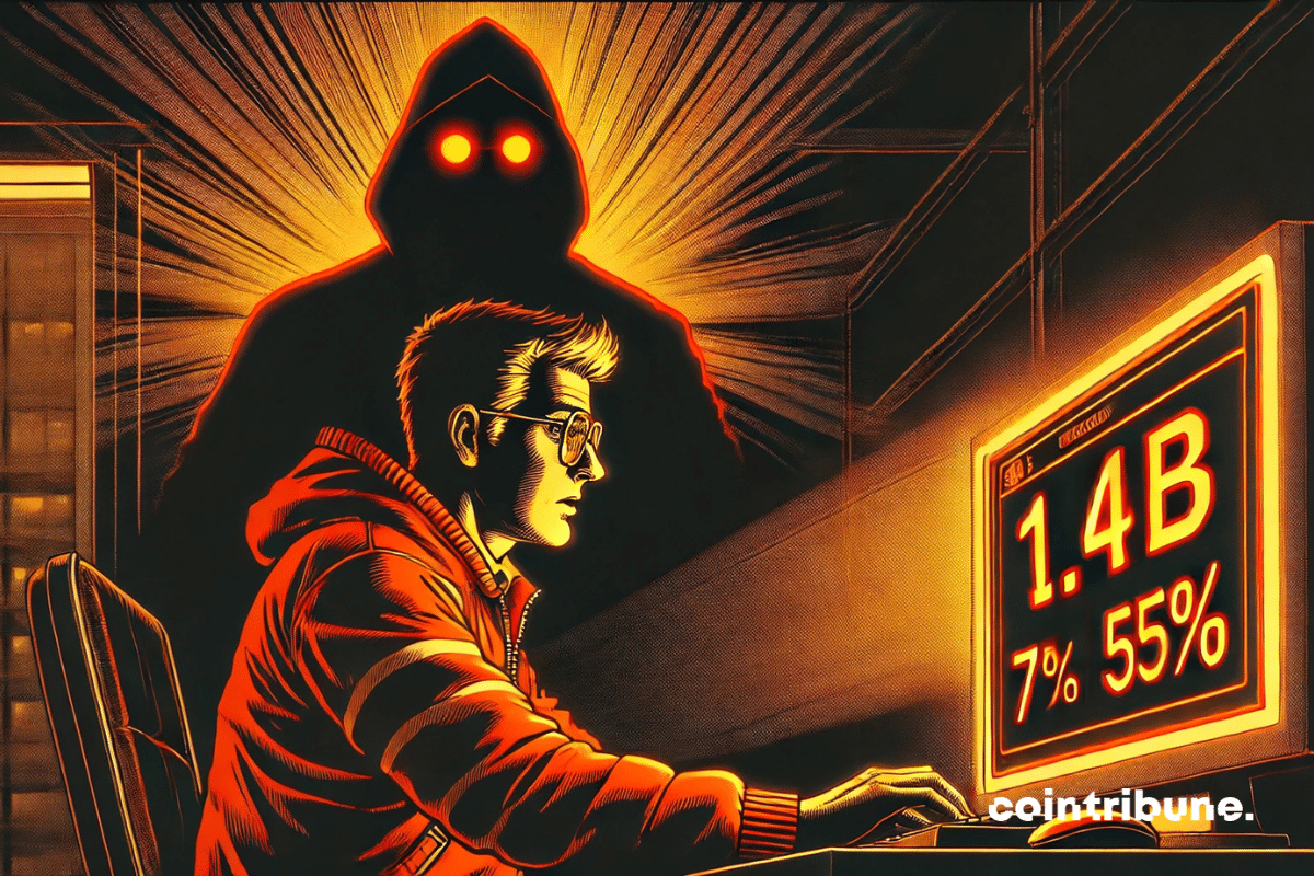 Plan serré sur un bureau éclairé par un seul écran. L'ingénieur de Bybit en veste de sécurité crypto orange, avec un regard soulagé