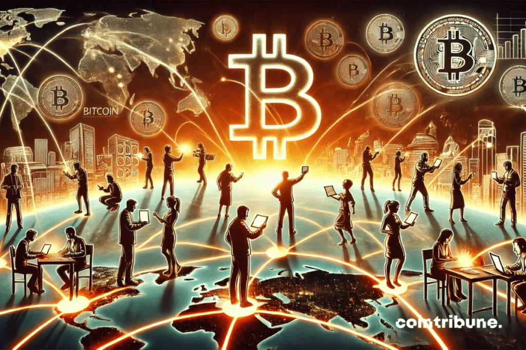 A series of characters from different parts of the world interacting with Bitcoin wallets