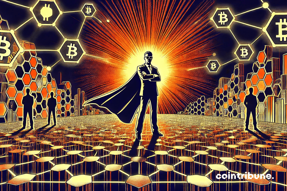 Un DEX crypto stylisée en réseau hexagonal (rappel d’une blockchain). Un personnage avec cape numérique en posture debout, confiant, bras croisés.