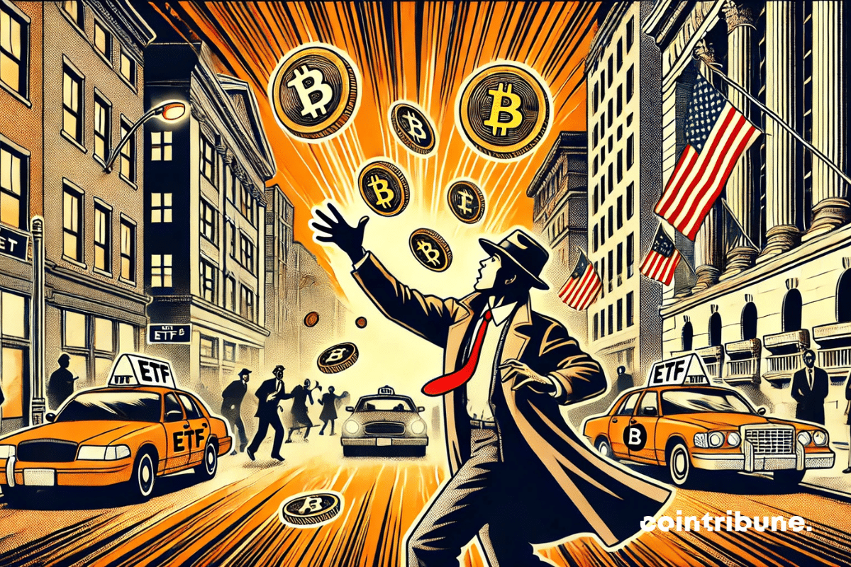 Businessman in trenchcoat and film noir-style hat, hand open to catch a Bitcoin coin. A coin about to land in his hand, engraved “ETF”.