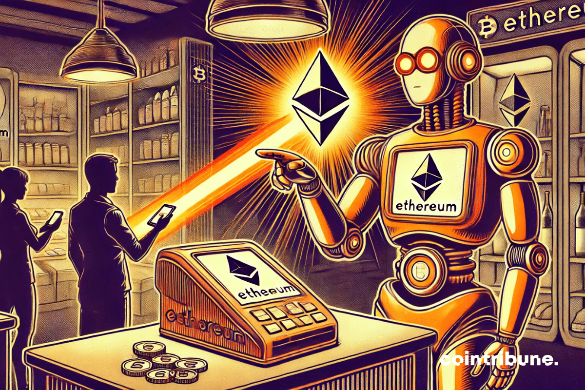 Store interior, medium shot. Vintage stylized robotic cashier in black and orange. Arms raised with an Ethereum “scanner” at the end.