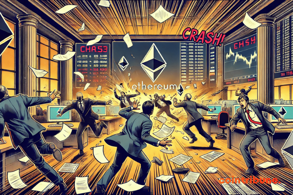 A wide shot of a stock chart collapsing in a dark, chaotic trading room. A trader in a formal suit stares desperately at his computer screen as Ethereum plummets.