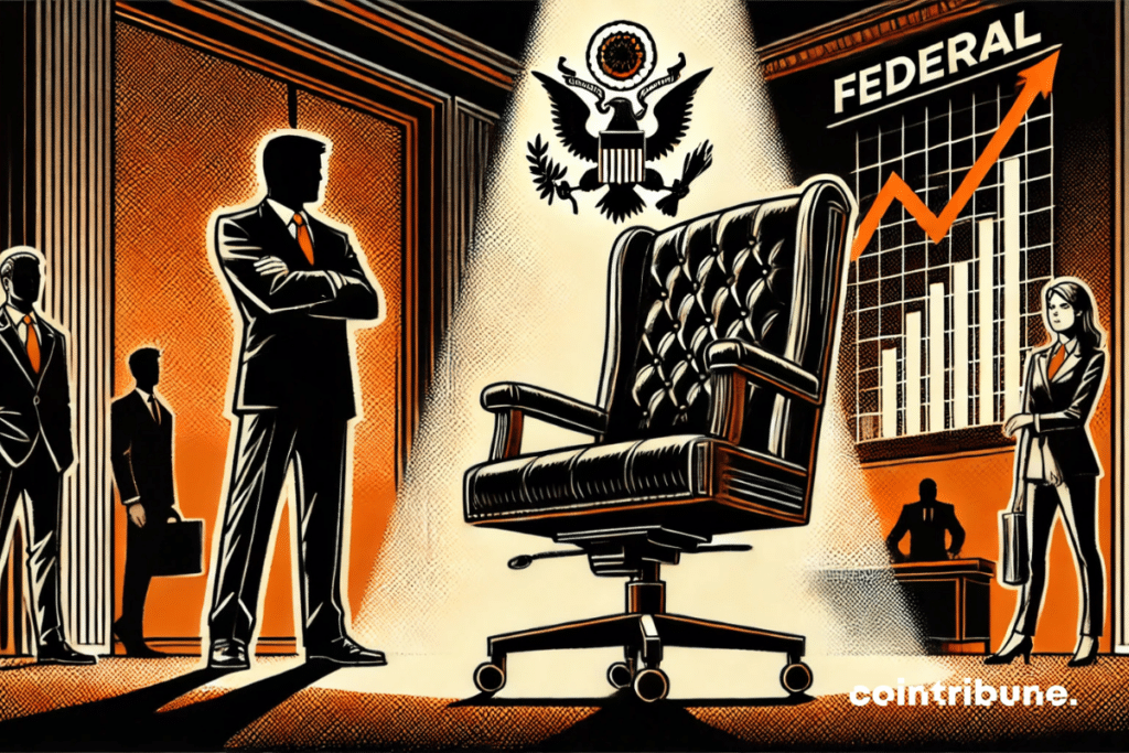 Institutional office, slight low-angle on an empty central office chair, highlighted. Trump observing the chair with a determined expression.