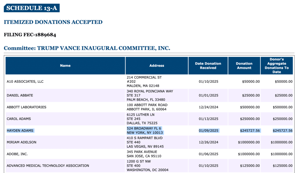Donation from Hayden Adams (CEO of Uniswap) to Trump-Vance fund on January 9 – Source: FEC
