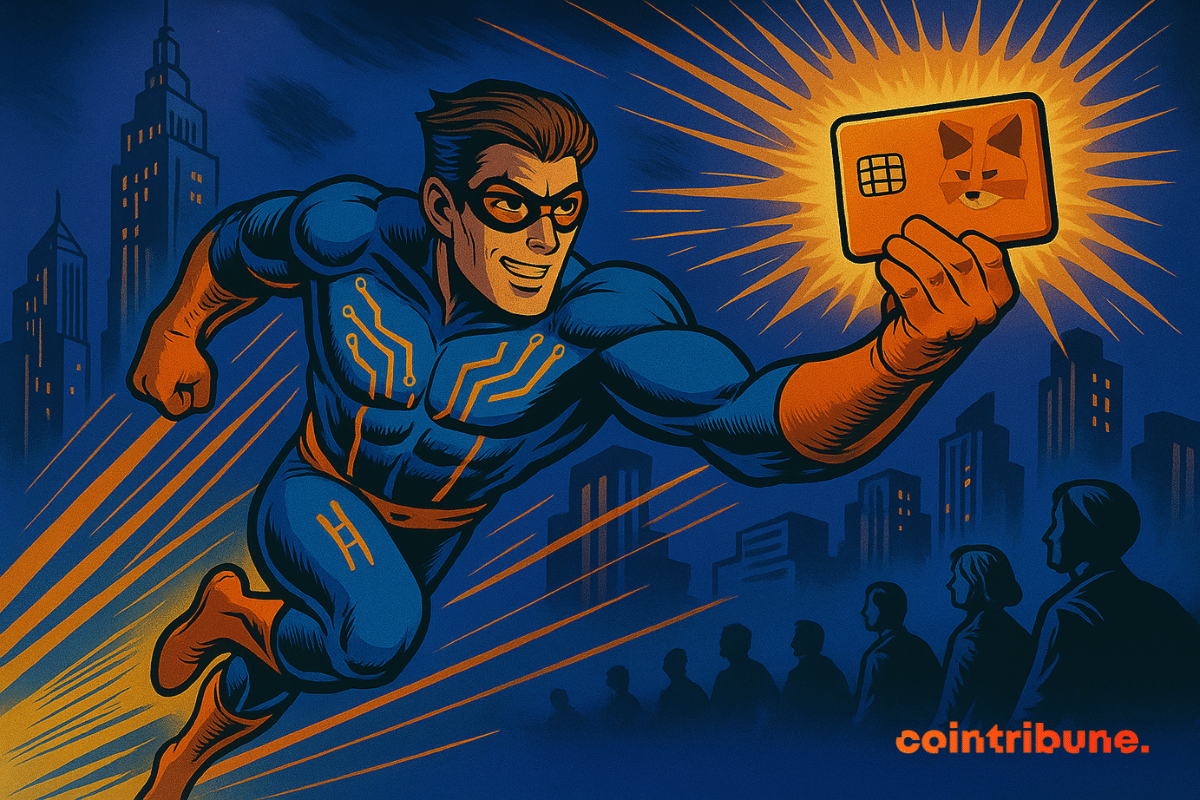 Un super-héros traverse la ville en tenant une carte MetaMask lumineuse, illustrant l’innovation dans les paiements numériques.