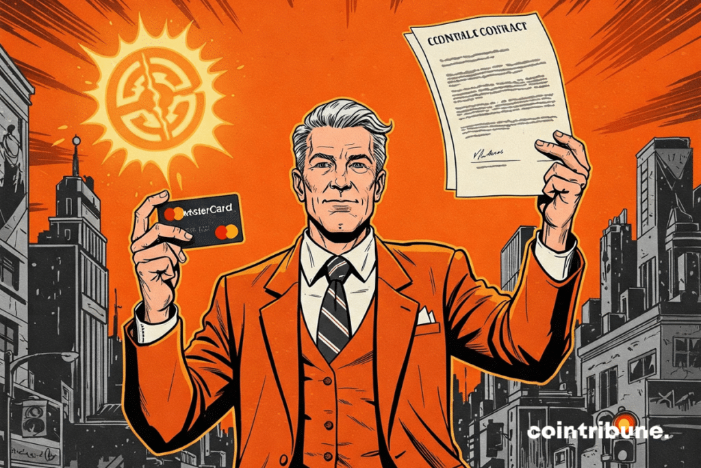 Pago criptográfico: un personaje de Mastercard que sostiene un contrato simbólico en una mano y una tarjeta de crédito en la otra.