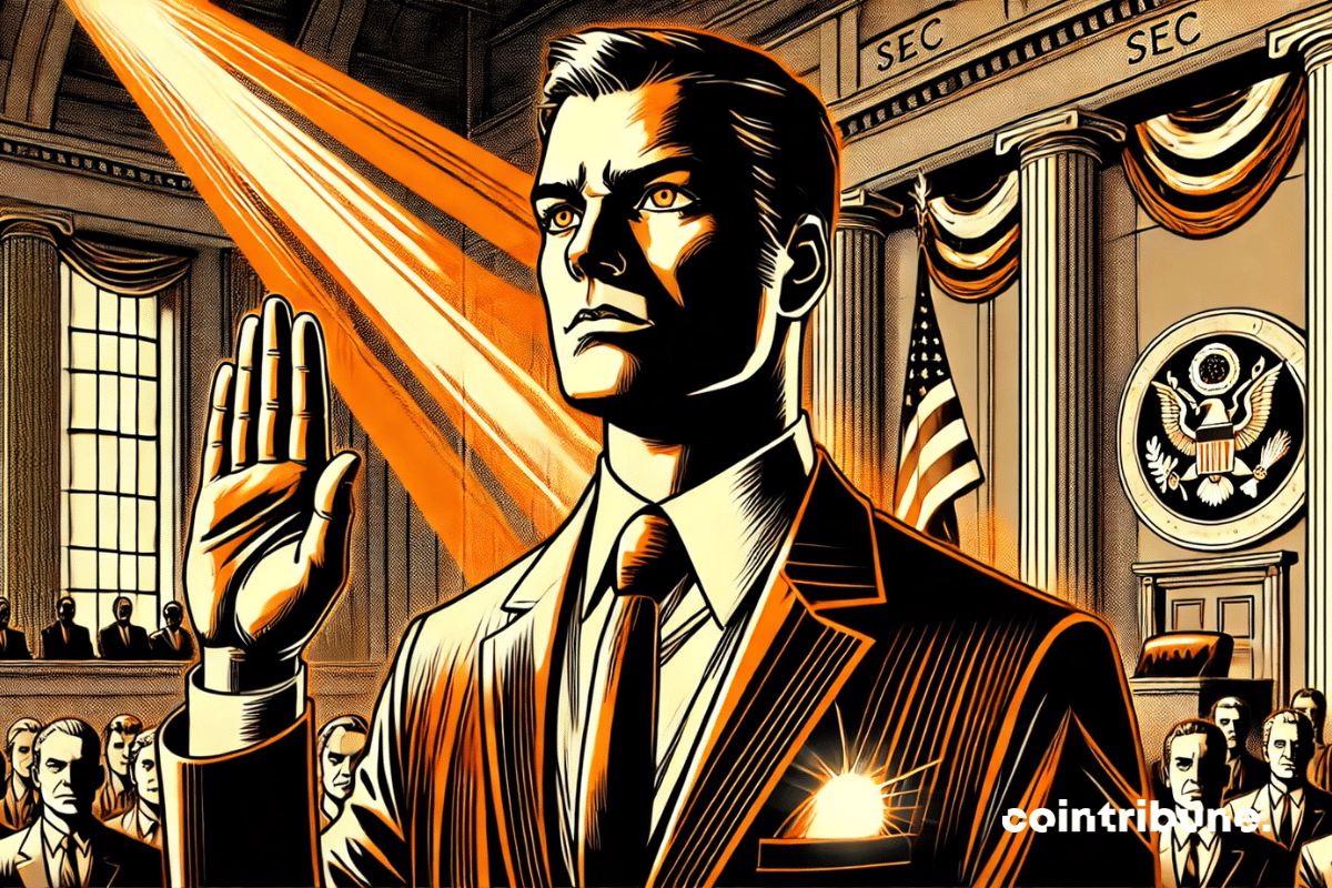Paul Atkins taking the oath with a glowing crypto wallet in hand