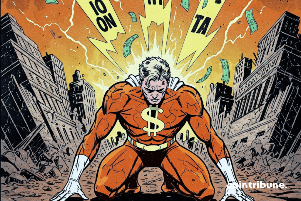 A weakened superhero representing the US economy kneels on cracked ground