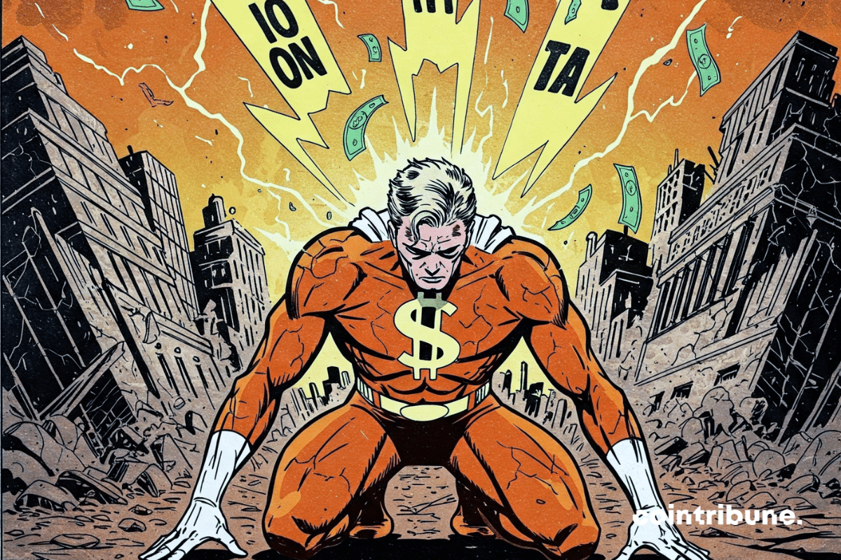 A weakened superhero representing the US economy kneels on cracked ground