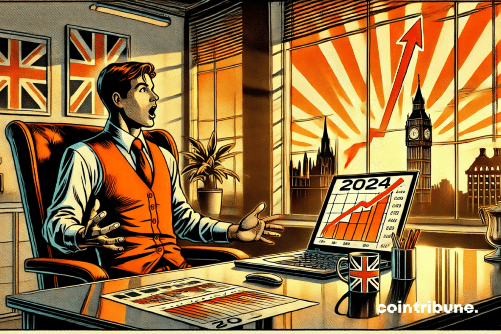 Stylish young British Revolut executive, orange vest, dazzled gaze. Sitting, arms outstretched, dumbfounded by his laptop screen. Laptop displaying a number “2024” in the middle of an explosive crypto graph.