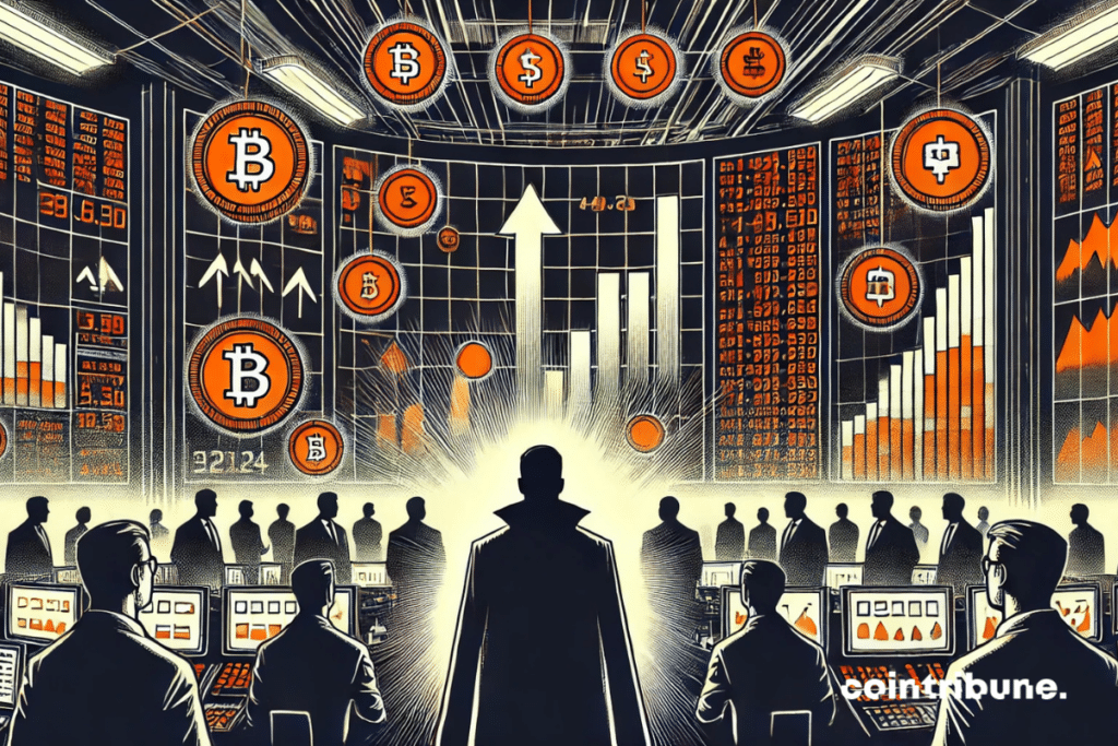 Intérieur type "trading floor", ambiance technologique. Trader tourné de dos, face à un écran géant où les valeurs traditionnelles sont remplacées par des actions tokenisées flottantes.