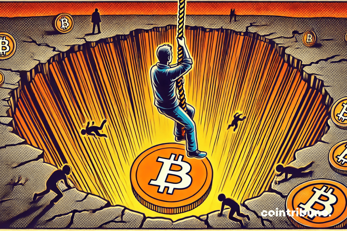Um investidor de aparência civil em uma posição agachada, segurando um Bitcoin rachado que brilha em laranja. Olhar determinado.