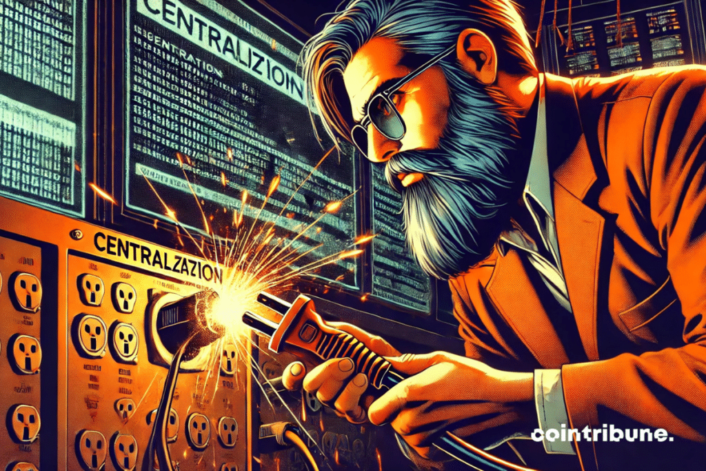 A bearded technician disconnects a gigantic cable decorated with a centralization symbol for the Solana network.