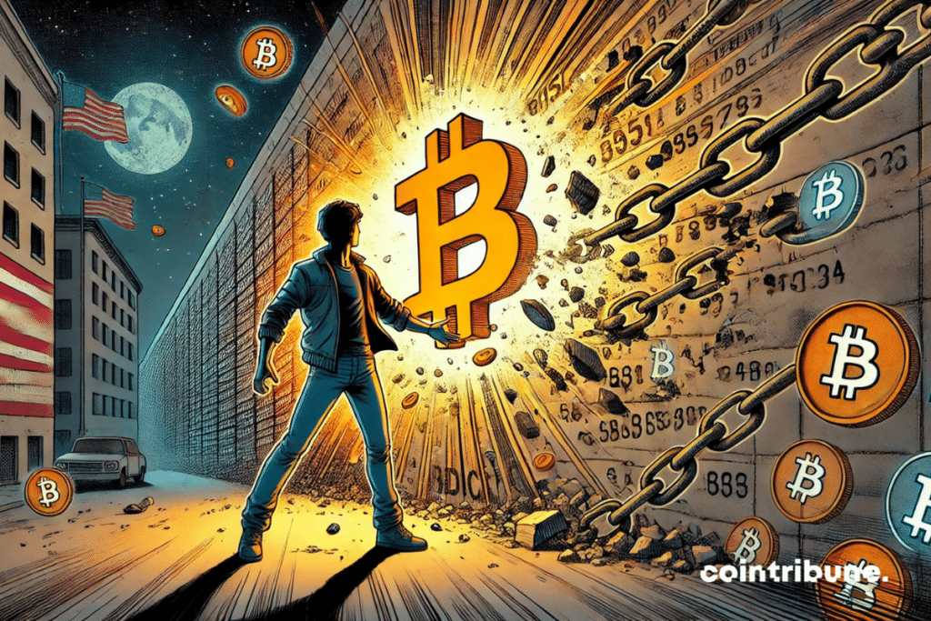 Um homem parado em frente a um logotipo do Bitcoin