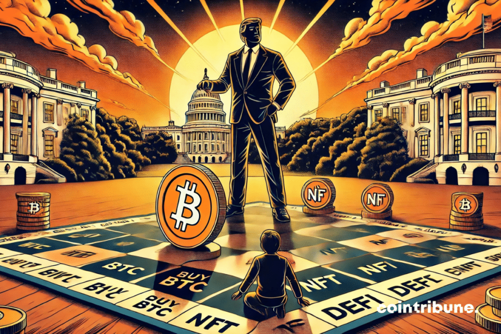 A gigantic crypto game board, with a cartoon president moving an NFT token.