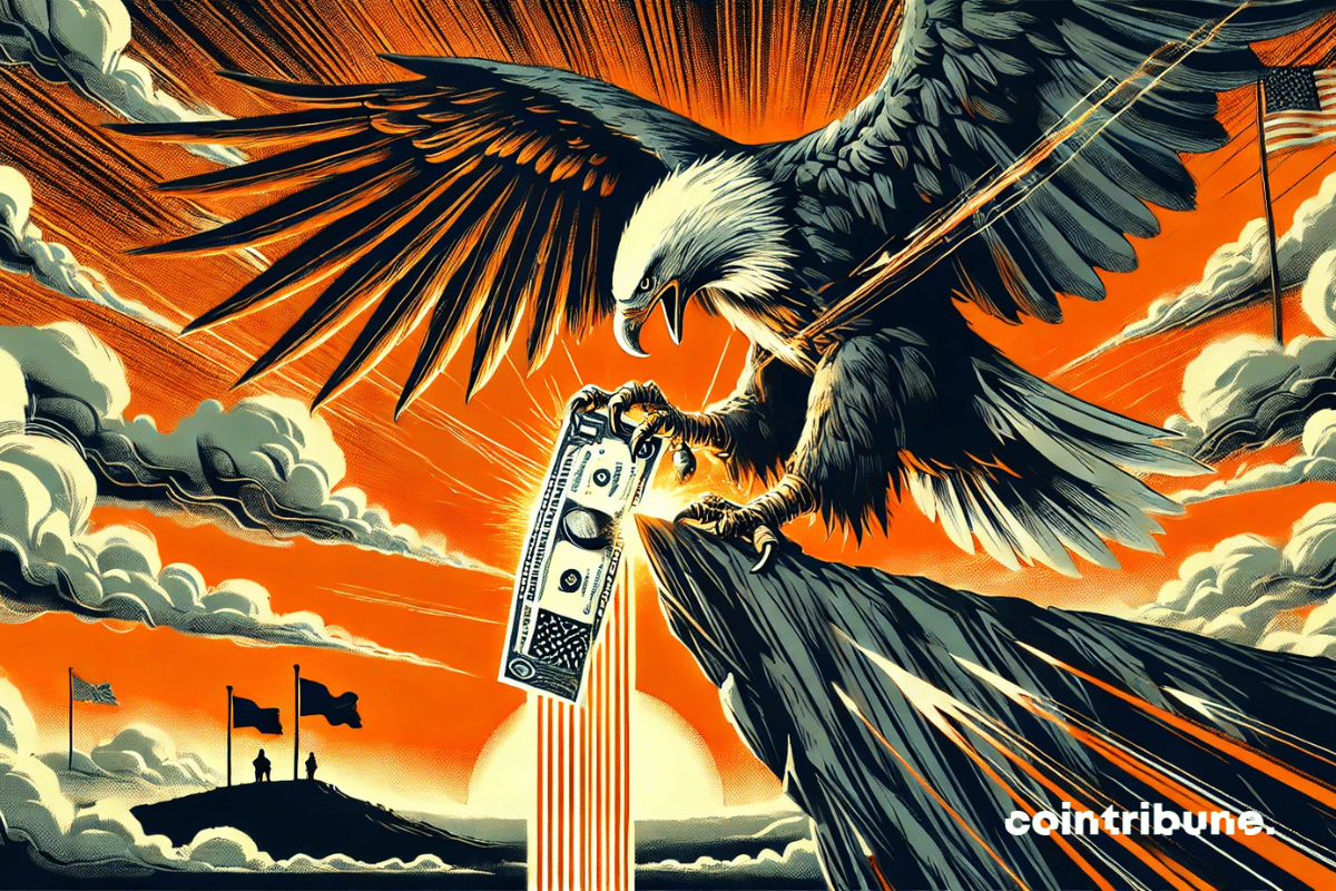 Un aigle américain majestueux, ailes déployées au sommet d’une falaise, relâche solennellement un billet de dollar orange dans le vide. La scène dramatique, baignée d’éclairs et de nuages sombres, symbolise la fin d’une domination monétaire, dans un style comics des années 70, puissant et contrasté.