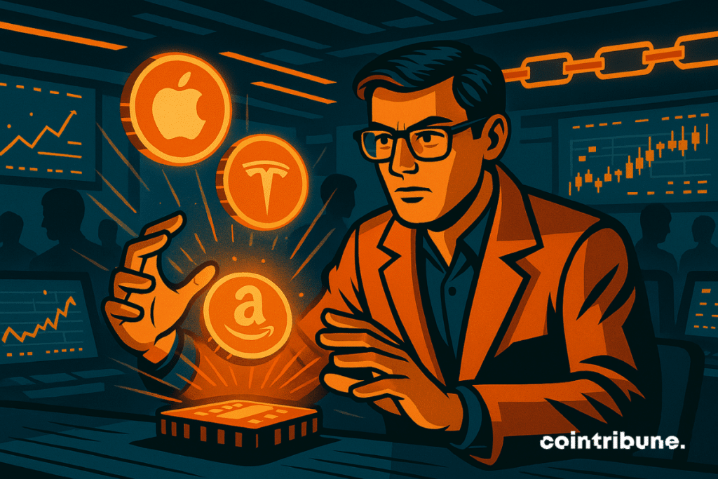 Trader visionnant des hologrammes de tokens Apple, Tesla et Amazon