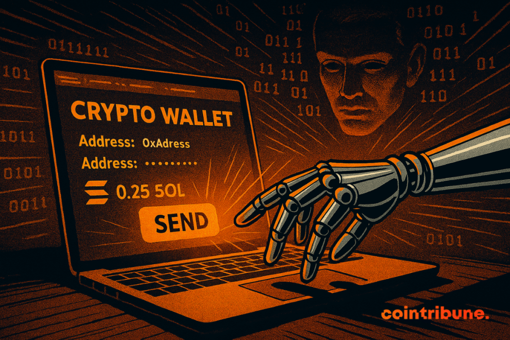 Robot hand sending a transaction in a crypto wallet interface