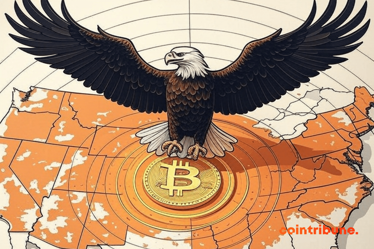 Carte des États-Unis au cœur de laquelle se trouve une pièce de bitcoin survolée par un aigle