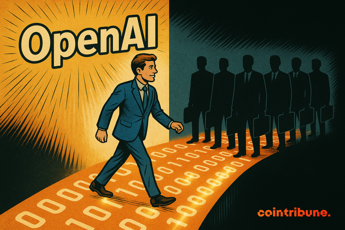 Illustration de Sam Altman traversant un pont de données numériques sous le regard d'investisseurs