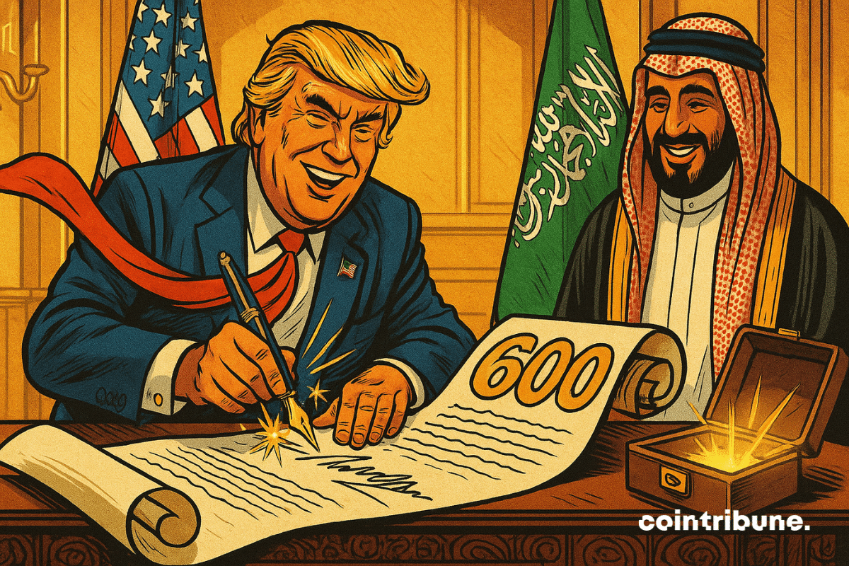 Donald Trump, au centre, en costume bleu, cravate rouge flottante, dans un geste théâtral, signe avec un stylo-plume doré un contrat géant déployé sur une table luxueuse. À ses côtés, un prince de l'Arabie saoudite, en habit traditionnel (keffieh rouge et blanche, robe blanche), observe la scène avec un sourire satisfait.