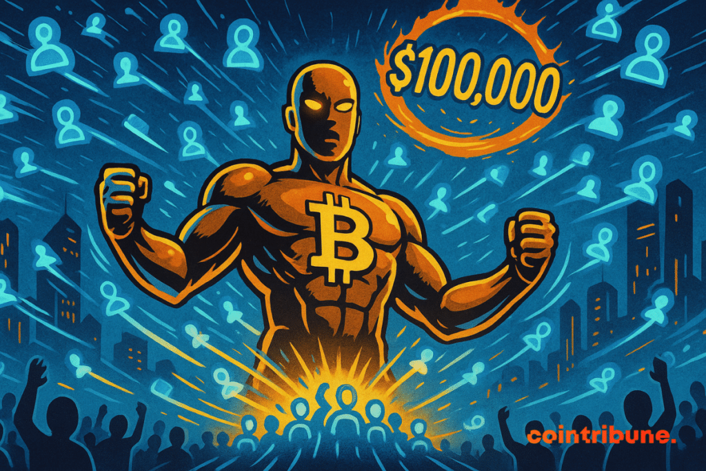 A muscular golden Golem, with techno-organic armor engraved with the luminous Bitcoin logo on its chest.