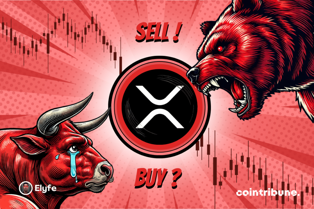 XRP logo on a blue or red background, with a bear and a blue bull with expressive eyes on either side. A graphic appears in the background.