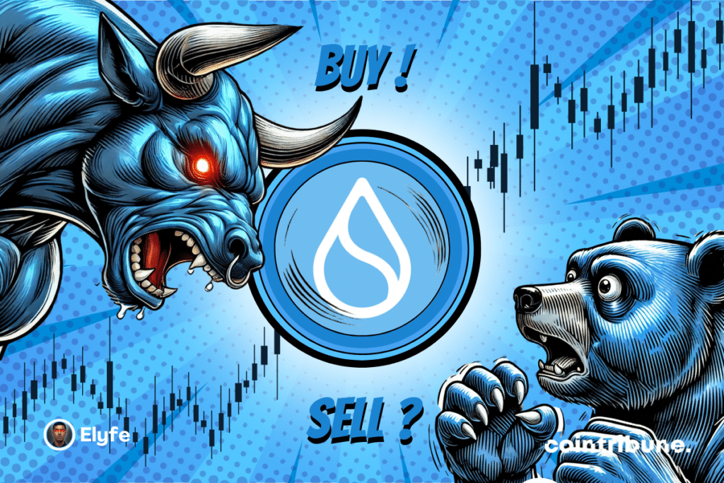 SUI logo on a blue or red background, with a bear and a blue bull with expressive eyes on either side. A graphic appears in the background.