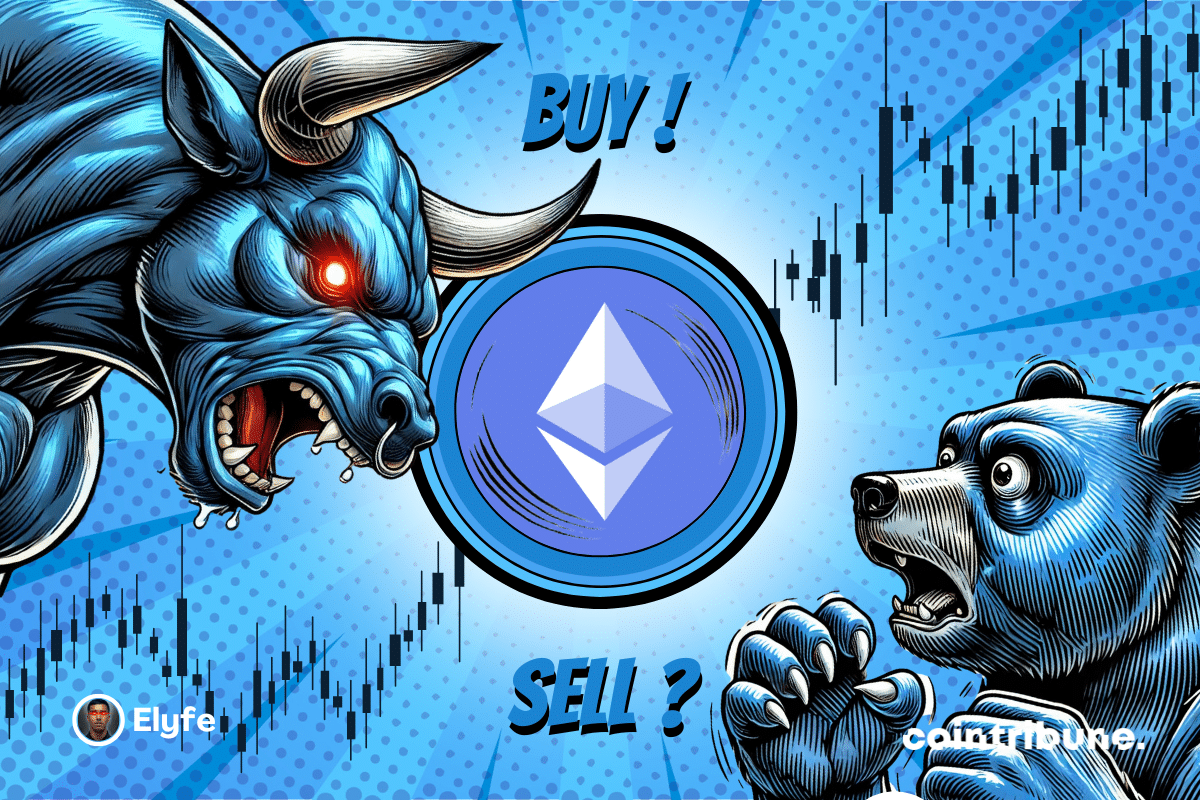 Logo ETH fond bleu ou rouge avec de parts et d’autres un ours et un taureau bleu au regard expressif. En fond, un graphique apparaît.