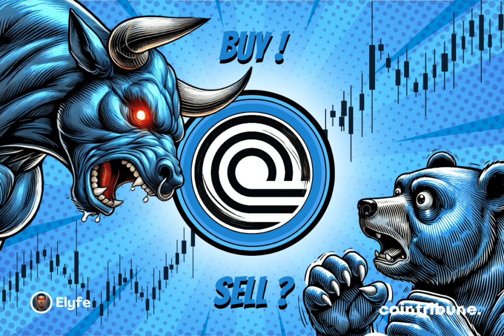 Ondo logo on a blue or red background with a bear and a blue bull with an expressive look on either side. A graphic appears in the background.